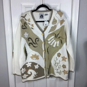 Storybook Knits Noveaux Botanical Sweater Cardigan White Brown Sz 1x